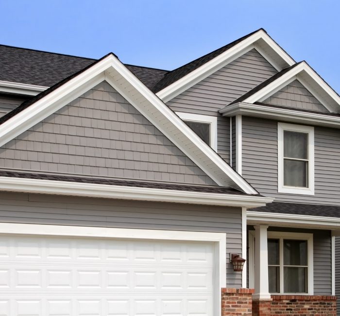 New home with vinyl siding, gutters, roof